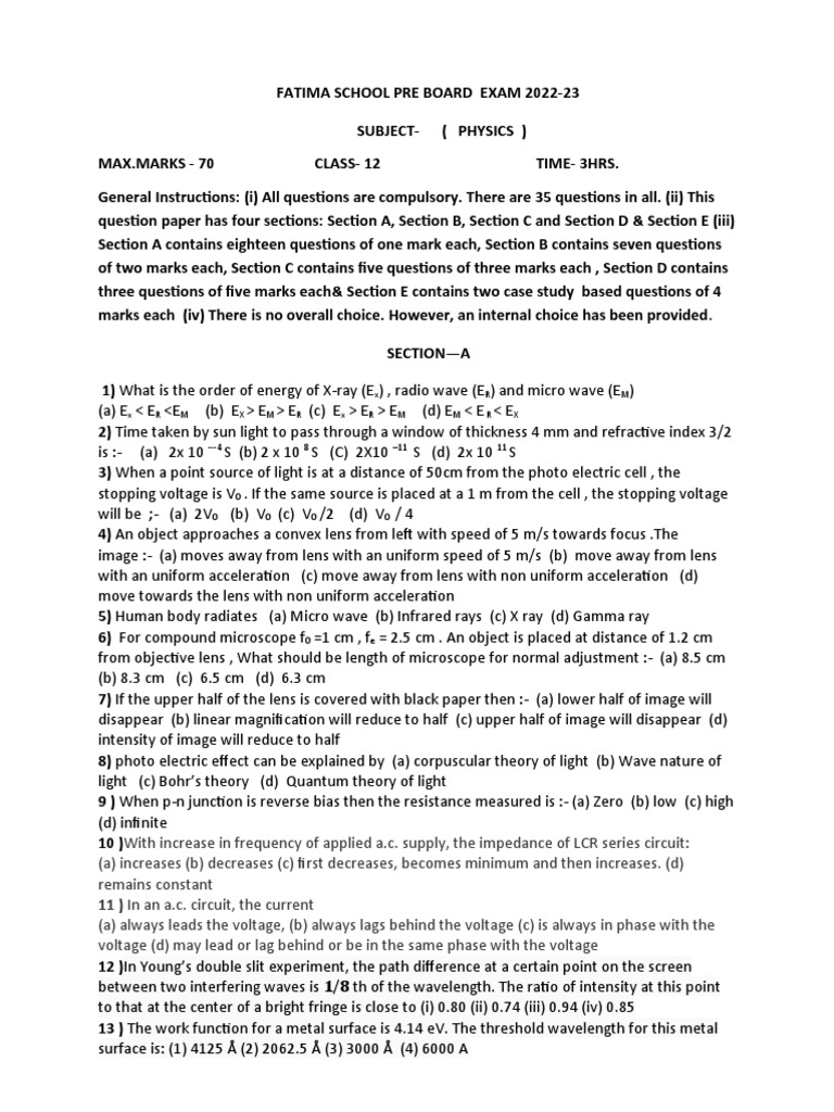 Class 12 Pre Board Exam 202223 PDF Semiconductors Doping