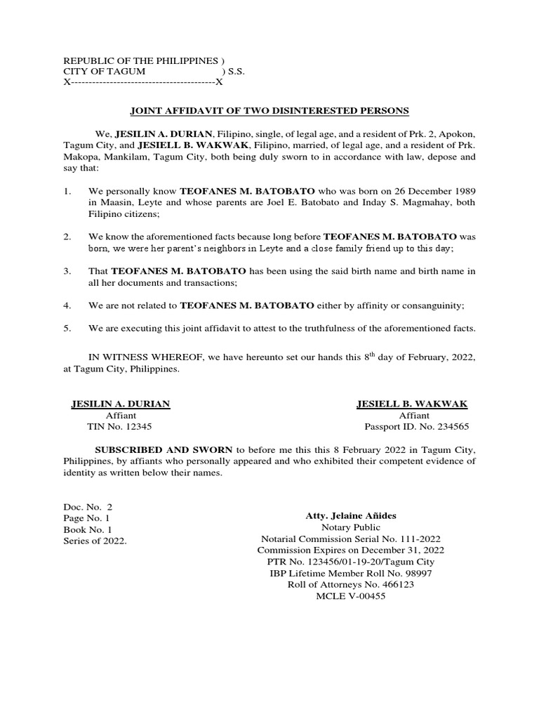Joint Affidavit of Two Witnesses in Tagum | PDF