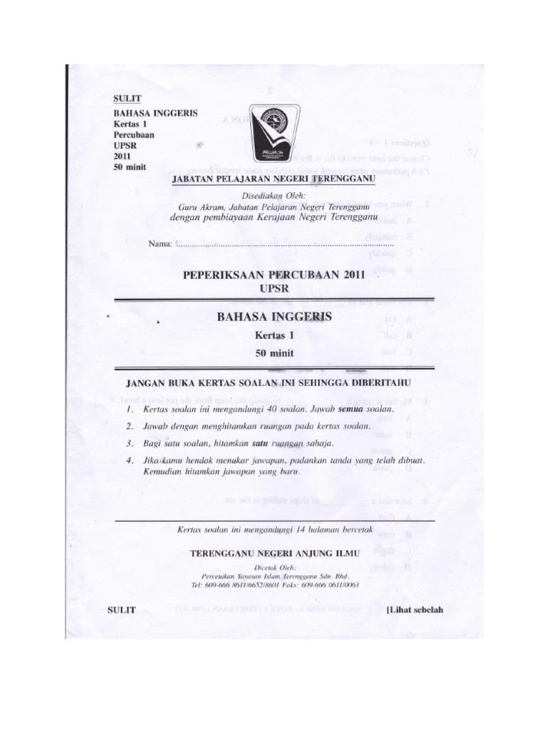 Percubaan Upsr 2011 Bahasa Inggeris Terengganu Kertas 1 Pdf