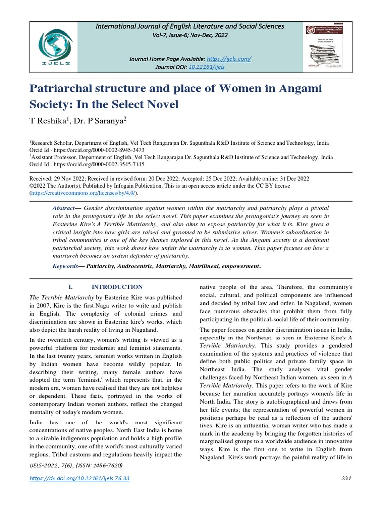 Patriarchal Structure and Place of Women in Angami Society: in The ...