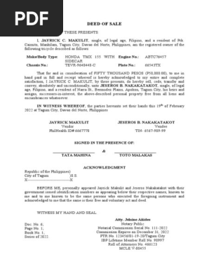 Deed of Sale (Personal Property)