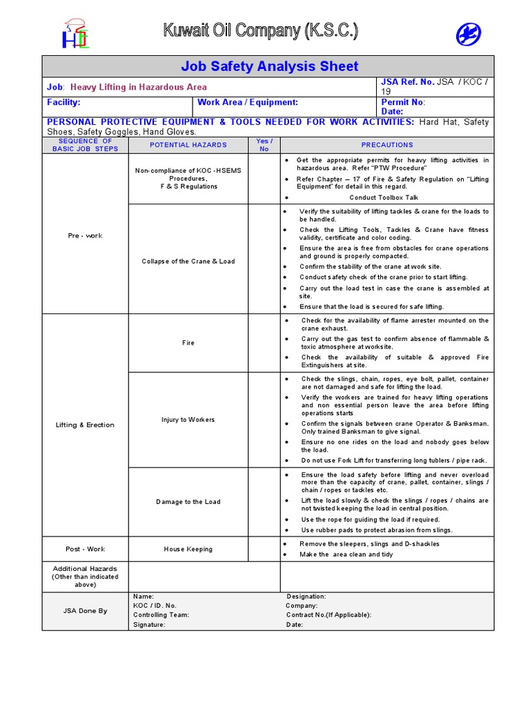 JSA 19 Heavy Lifting in Hazardous Area PDF Crane (Machine