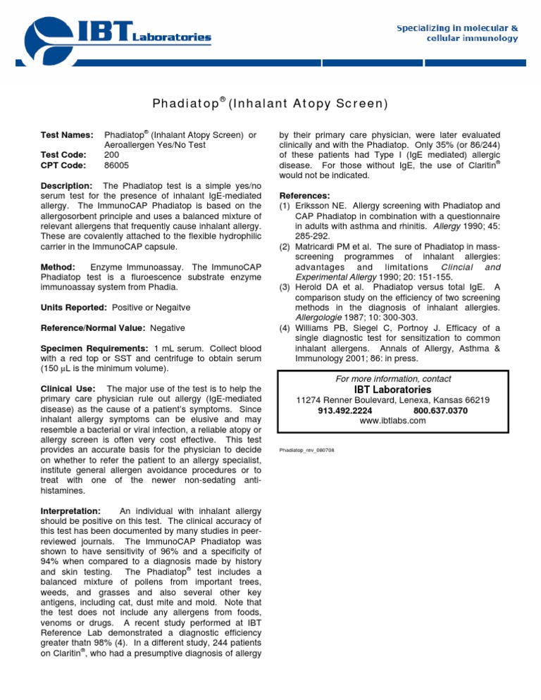 Phadiatop Rev 051605 | Download Free PDF | Allergy | Allergen