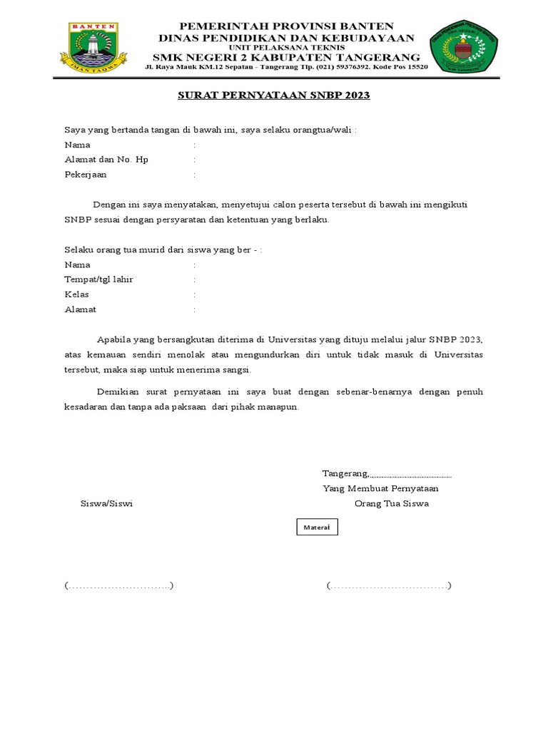 Surat pernyataan snbp 2023 pdf