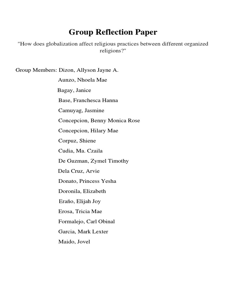 Group Reflection Paper TCW BSA-1B | PDF | Lifestyle