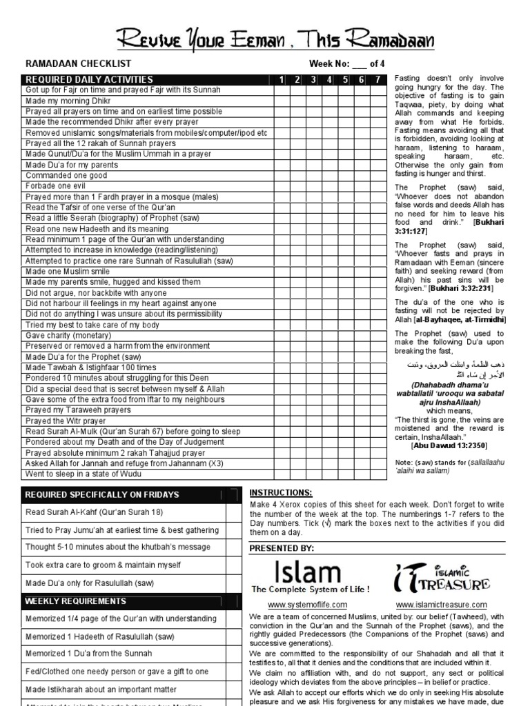 Ramadan Daily Activity Checklist | PDF | Ramadan | Prayer