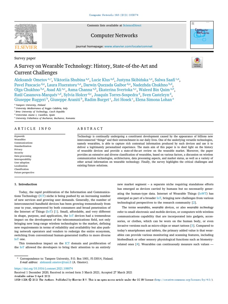 2021 A Survey On Wearable Technology History, StateOfTheArt and