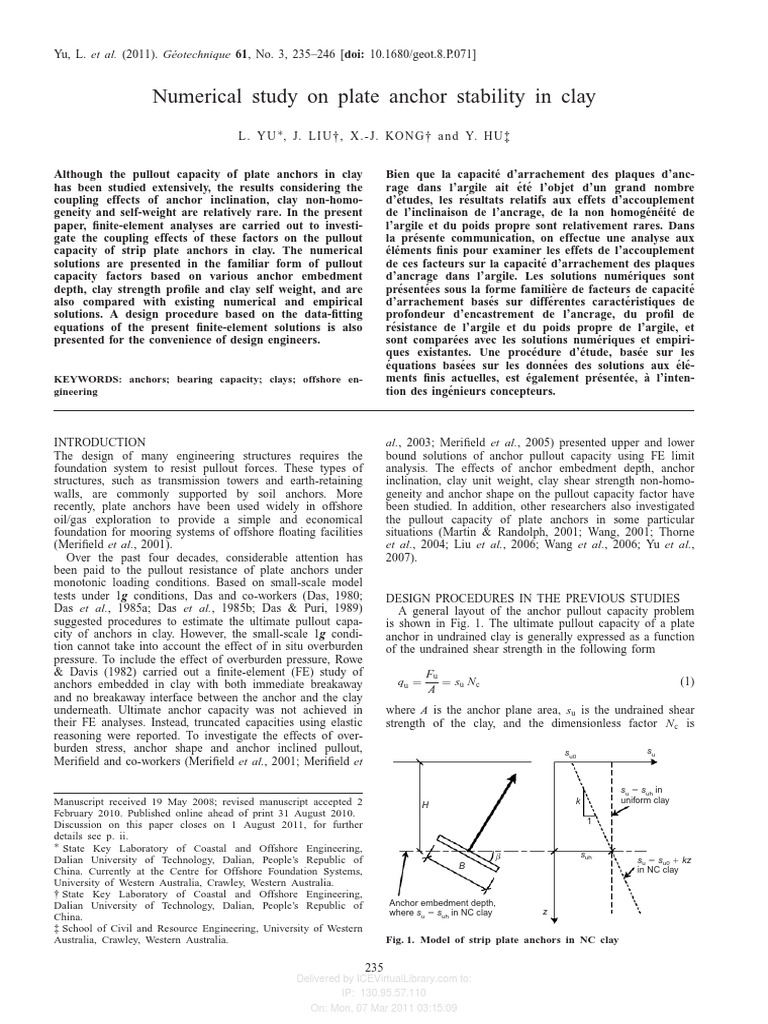 Numerical Study On Plate Anchor Stability in Clay - Yu Et Al | PDF