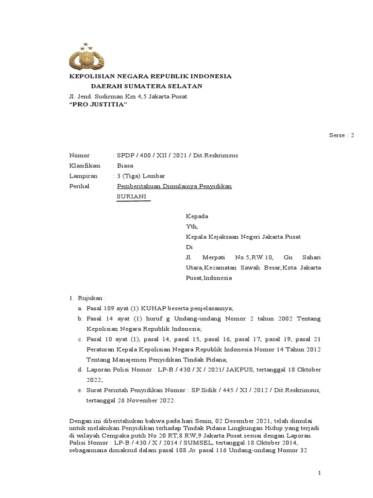 Contoh Surat SPDP Kepolisian | PDF