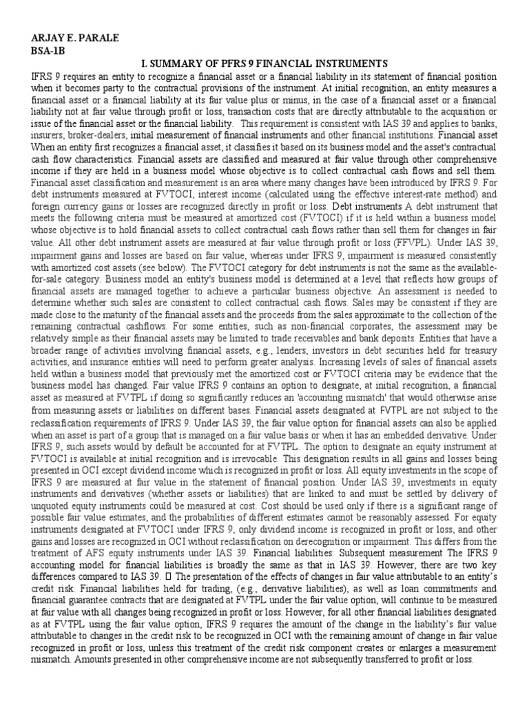 Summary of PFRS 9 Financial Instruments | PDF | Fair Value ...