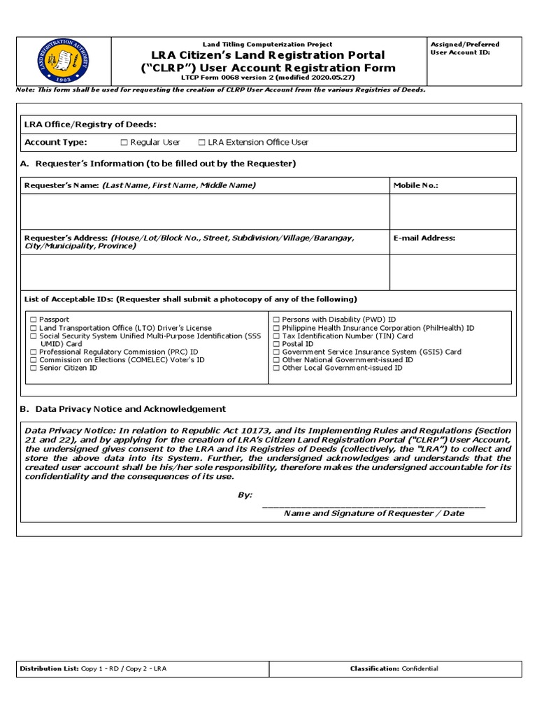 CLRP User Account Registration Form | PDF | Identity Document | Government