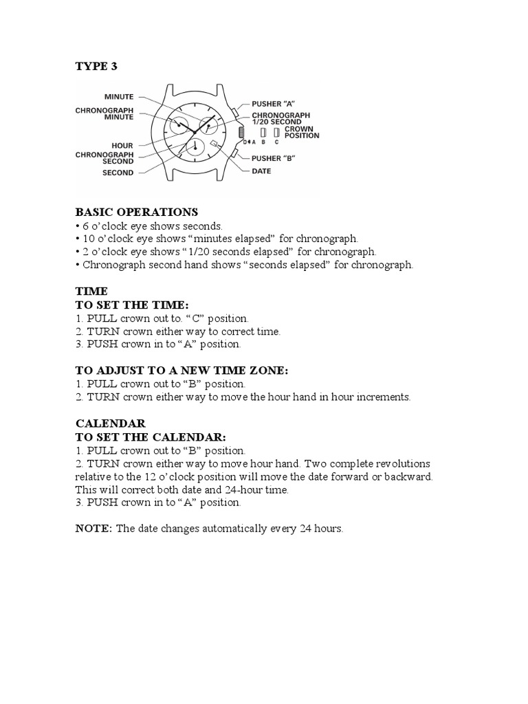 Operating Instructions for a Type 3 Chronograph Watch with Dual Time ...