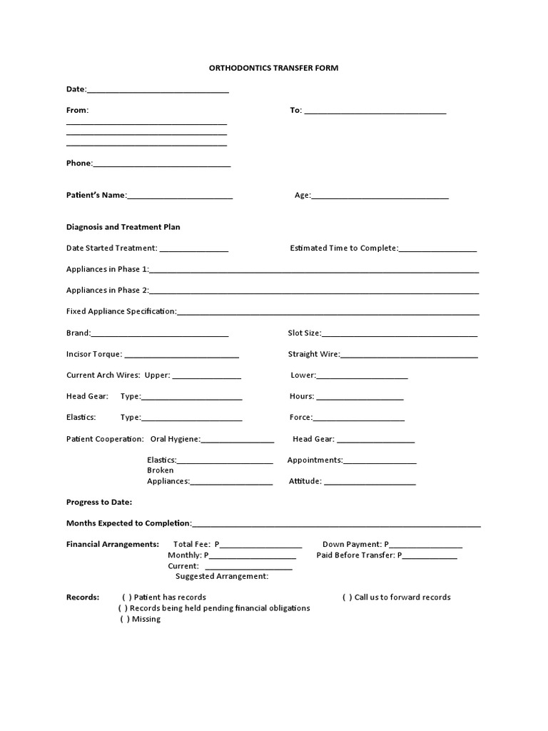 Orthodontics Transfer Form PDF