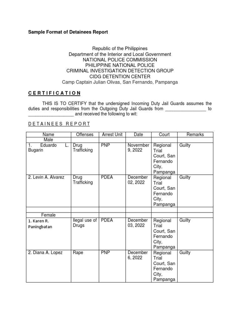 Detainees Report Certification Format | PDF | Detention (Imprisonment ...