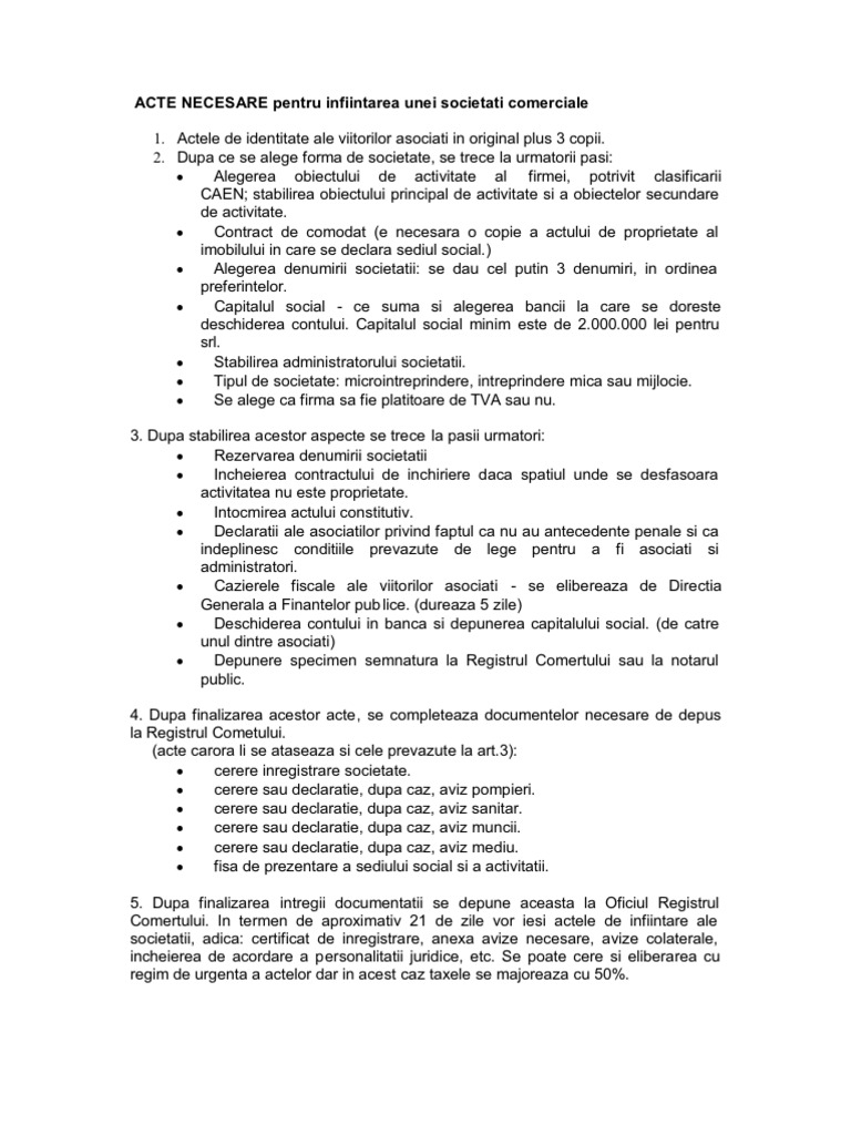 Acte Necesare Pentru Infiintarea Unei Societati Comerciale