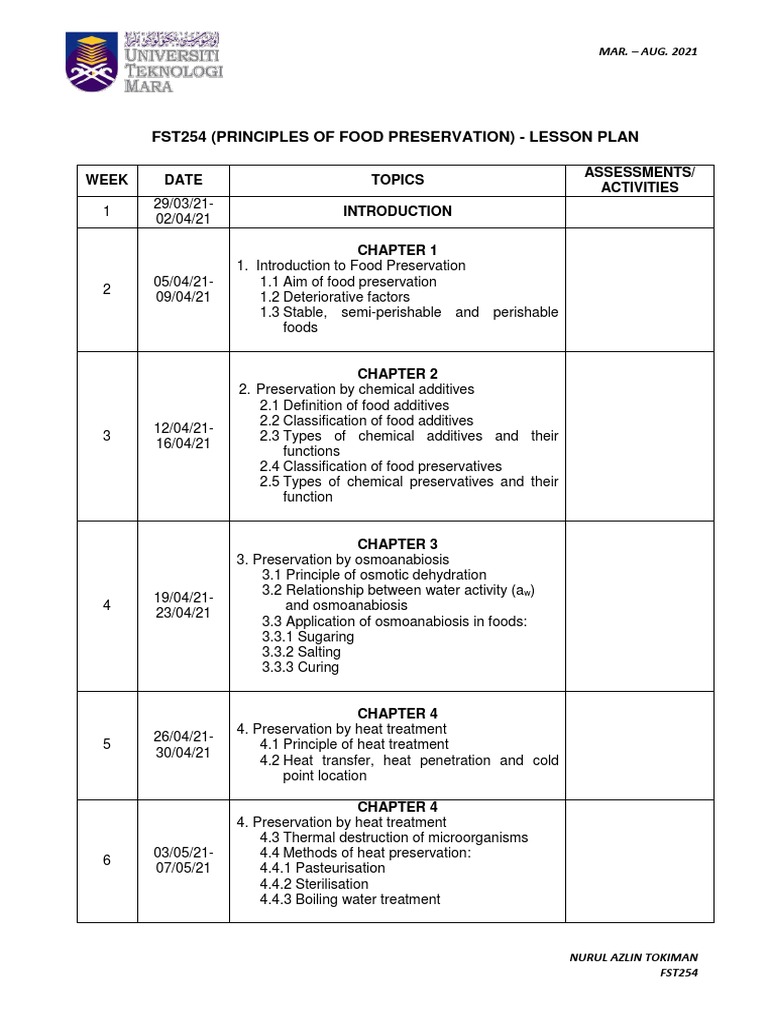 Lesson Plan Lecture FST254 PDF Food Preservation Foods