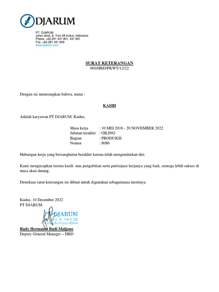 Surat Paklaring Karyawan PT Djarum | PDF