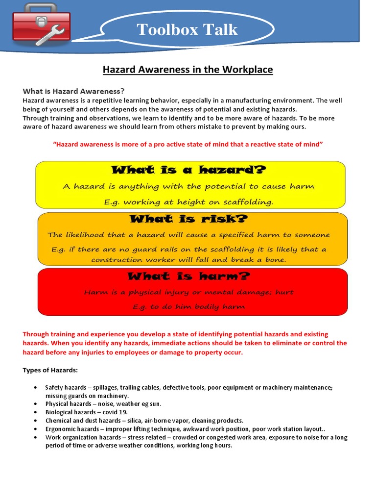 Hazard Awareess Toolbox Talk PDF Occupational Safety And Health