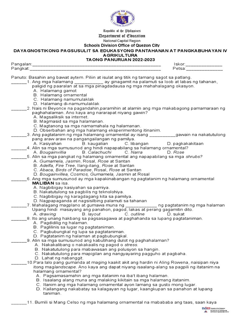 Agriculture 4 Diagnostic Test 2022 2023 Pdf