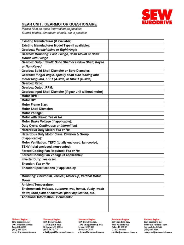 SEW - Gear Unit - Gearmotor - Questionnaire | PDF | Electric Motor ...