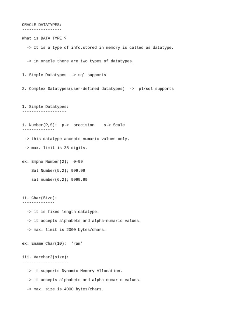 An In-Depth Guide to Oracle Data Types and SQL Sub-Languages | PDF
