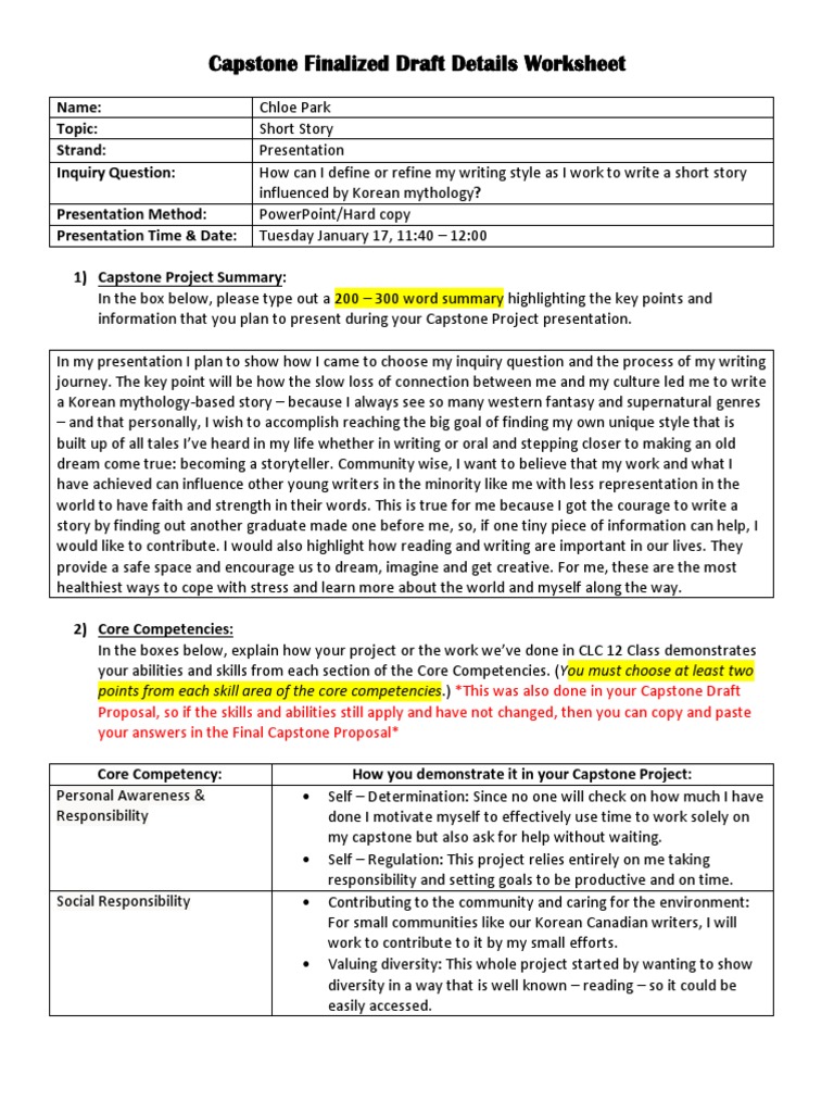 Capstone Finalized Draft Details Worksheet Pdf Thought Creativity
