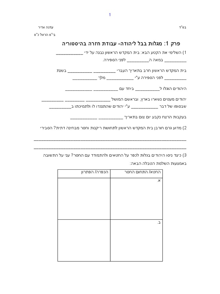 מגלות בבל ליהודה- עבודה- כיתה ט תשעד-1 | PDF