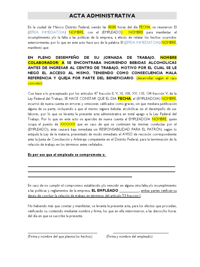 Acta Administrativa Por Faltas De Probidad Estado De Embriaguez Pdf