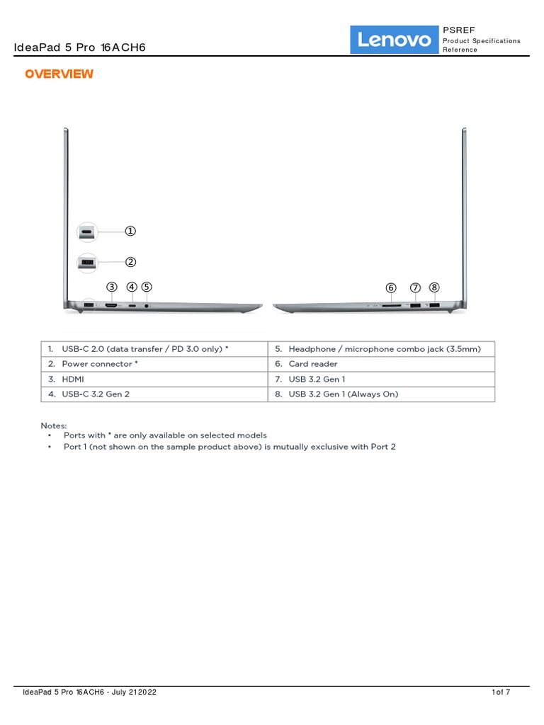IdeaPad 5 Pro 16ACH6 Spec | PDF | Usb | Advanced Micro Devices