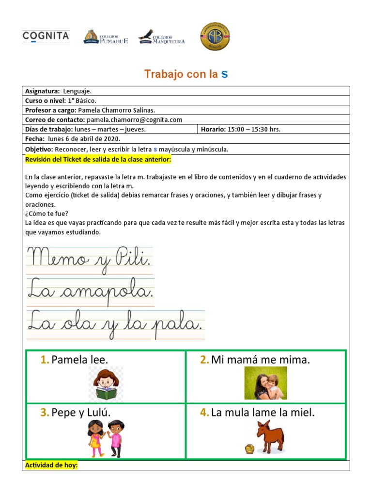 Actividades con la letra S para 1° Básico | PDF | Artes del Lenguaje y ...