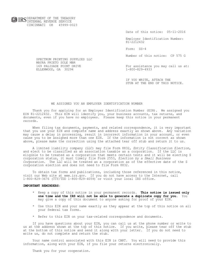 EIN Assignment for Spectrum Printing | PDF | Limited Liability Company ...