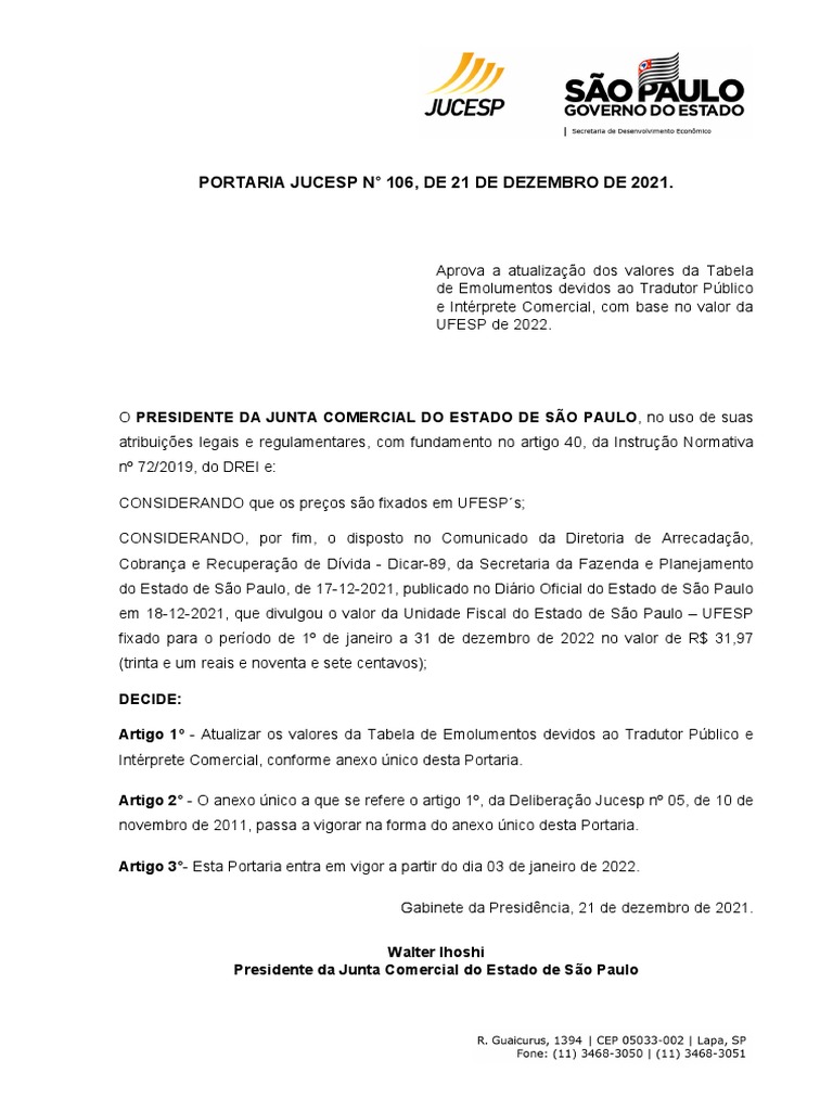 Portaria JUCESP N 106 PDF S o Paulo