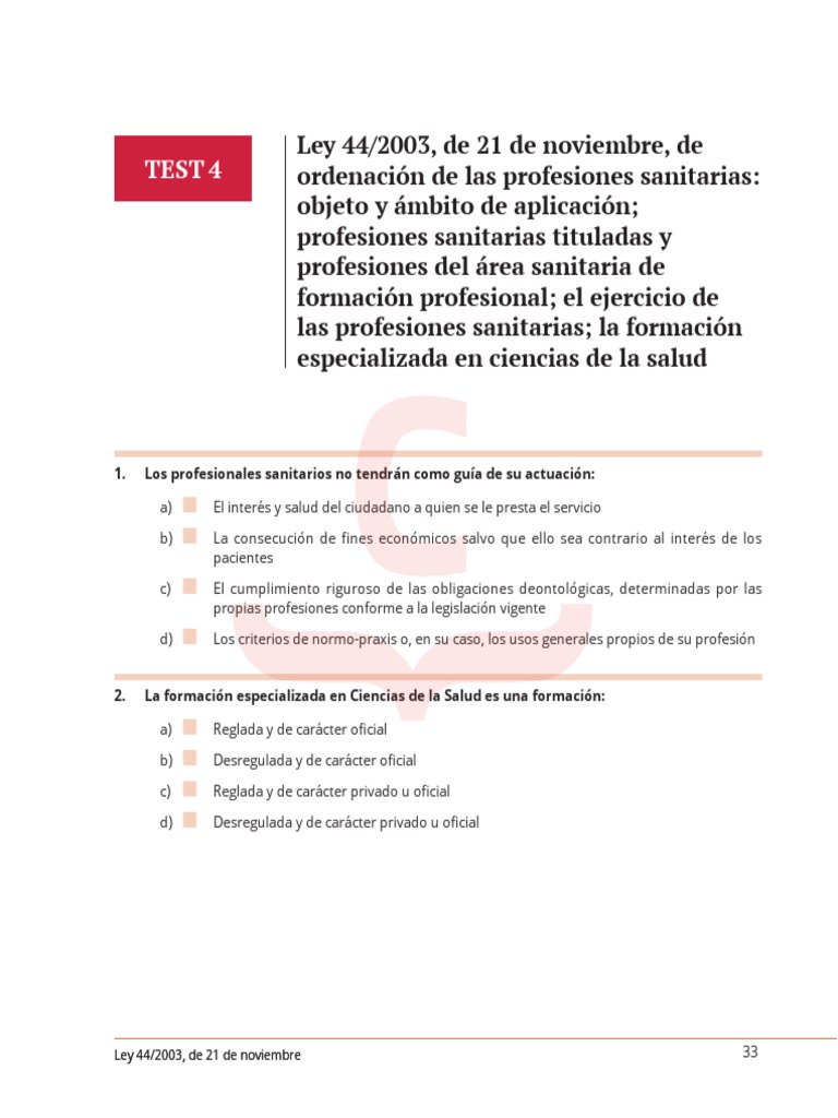 Test Ley 44-2003 Ordenacion Profesiones Sanitarias | PDF