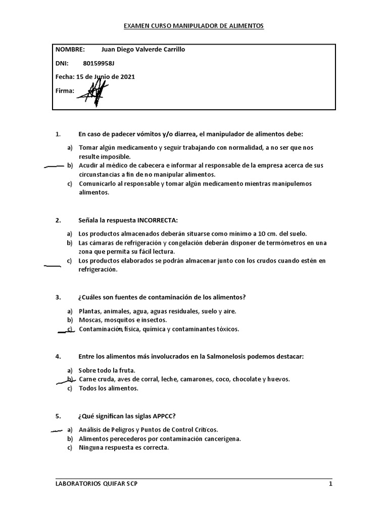 Examen de Manipulación de Alimentos | PDF | Alimentos | Análisis de