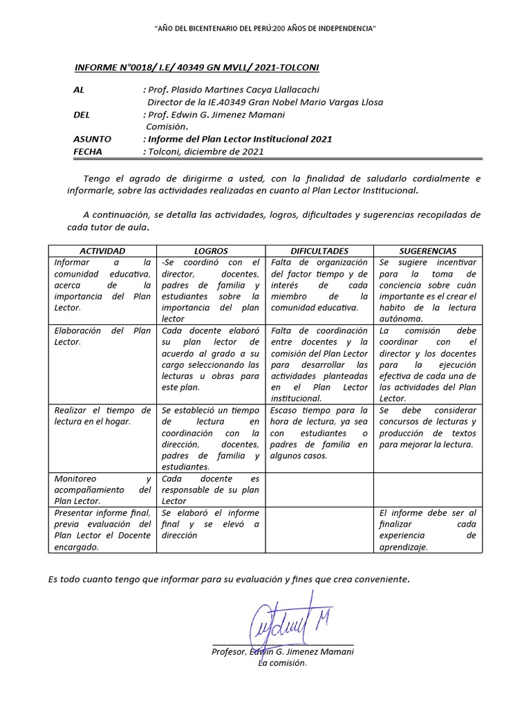 Informe Plan Lector Pdf Aprendizaje Cognición