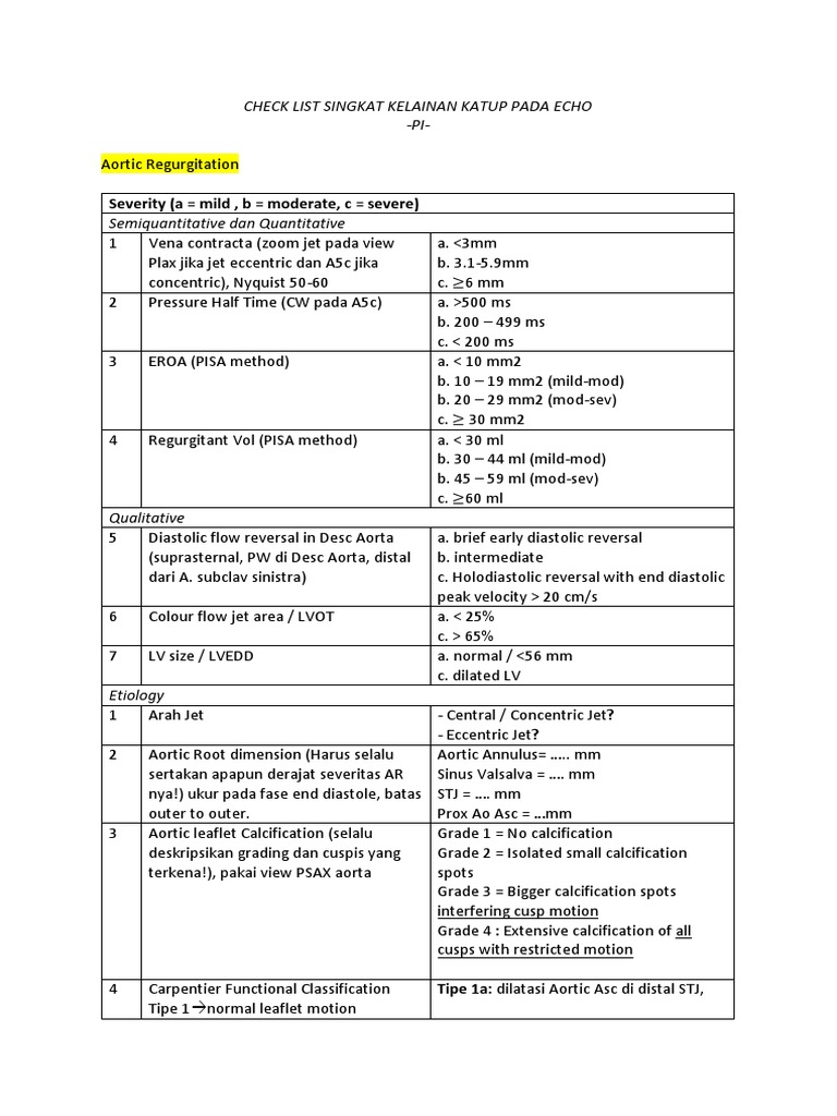 Checklist Kelainan Katup Jantung pada Echo | PDF