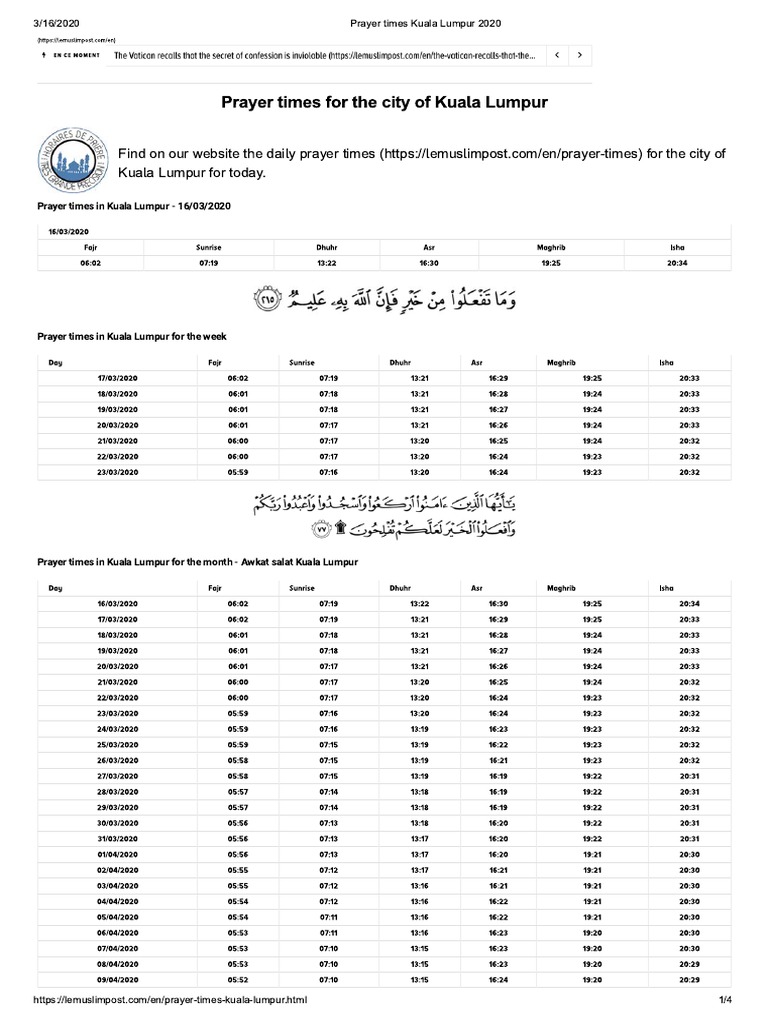 Prayer Times Kuala Lumpur 2020 PDF