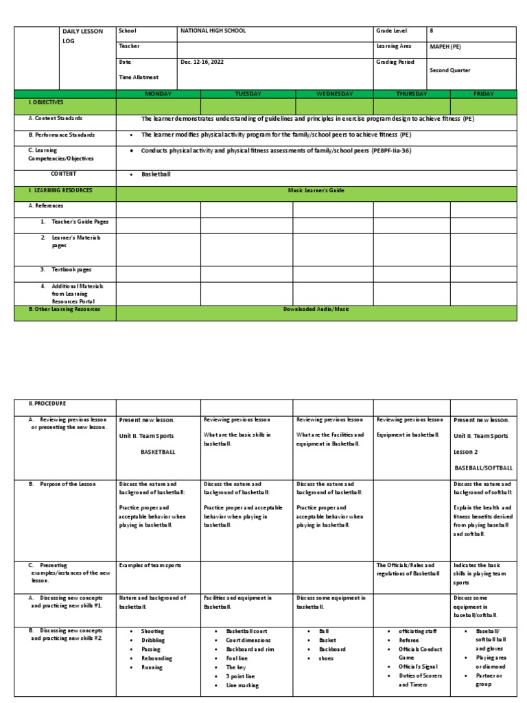 Basketball Lesson Plan for MAPEH 8 | PDF | Physical Education | Learning