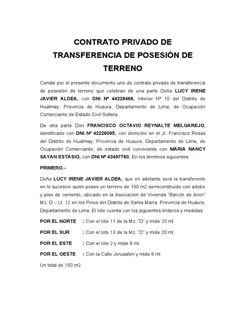 Contrato Privado de Transferencia de Posesión de Terreno PDF