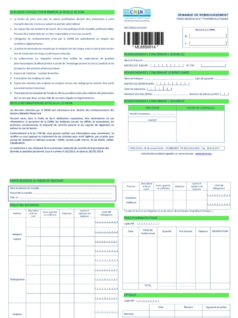 Feuille de soins pdf