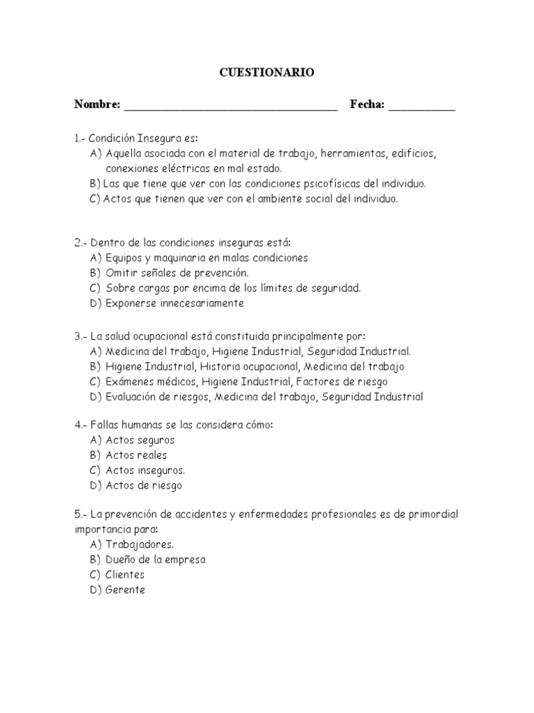 Cuestionario sobre condiciones de seguridad e higiene ocupacional | PDF ...