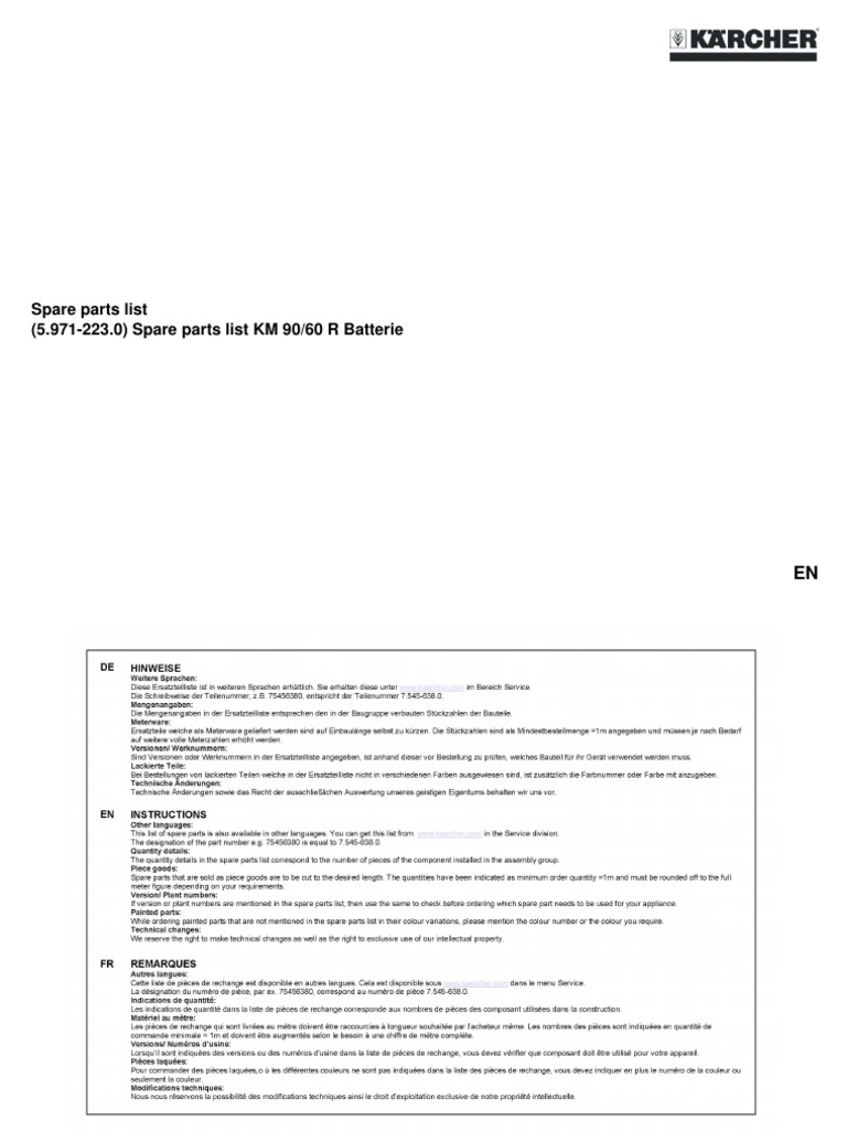 Karcher KM 90 60 R Rider Sweeper Parts List PDF Screw Washer