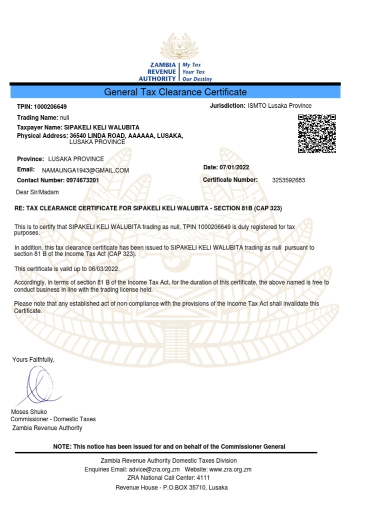 Tax Clearance Certificate for Sipakeli | PDF