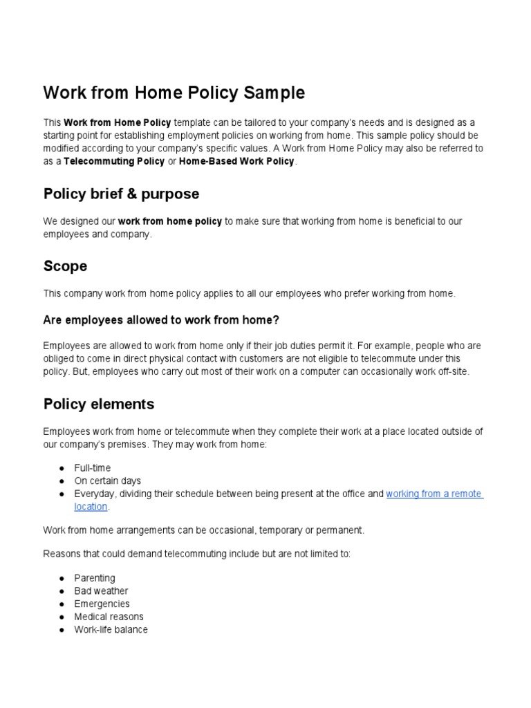 Work From Home Policy Sample | PDF | Employment | Labor