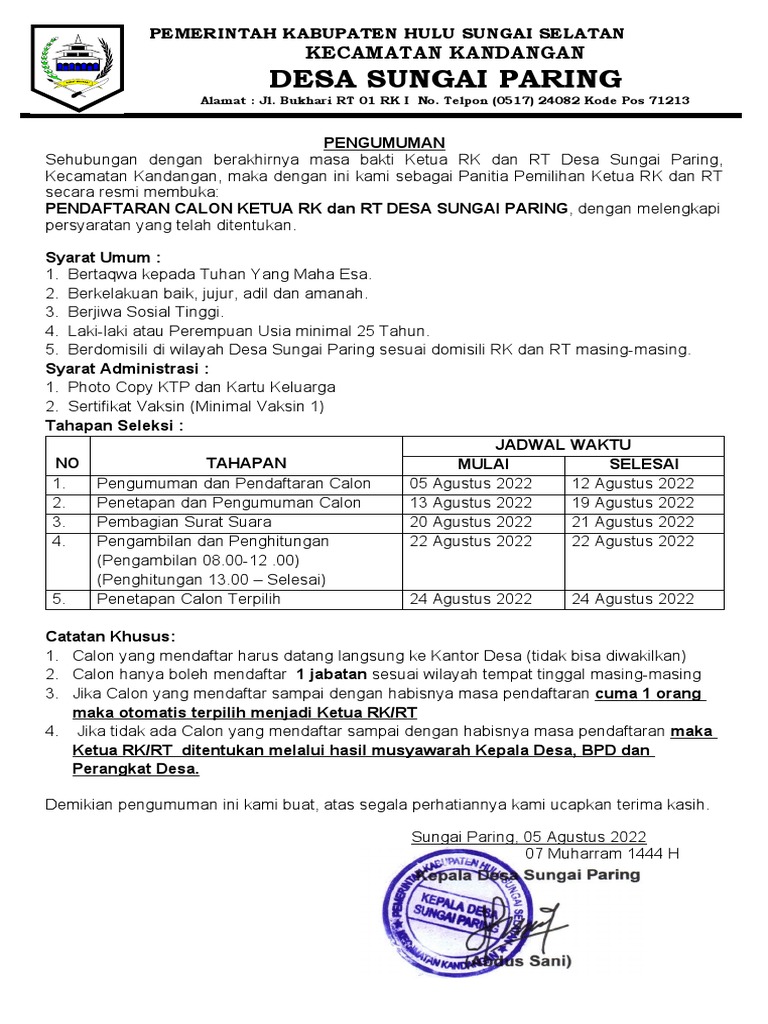 Pengumuman Pemilihan RK Dan RT | PDF