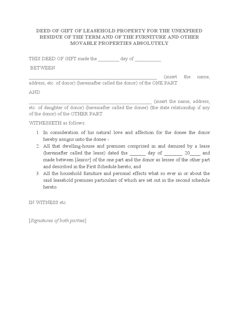 Deed of Gift of Leasehold Property For The Unexpired Residue of The
