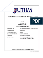 UTHM Water Treatment Technology Test 1 Online Exam Questions