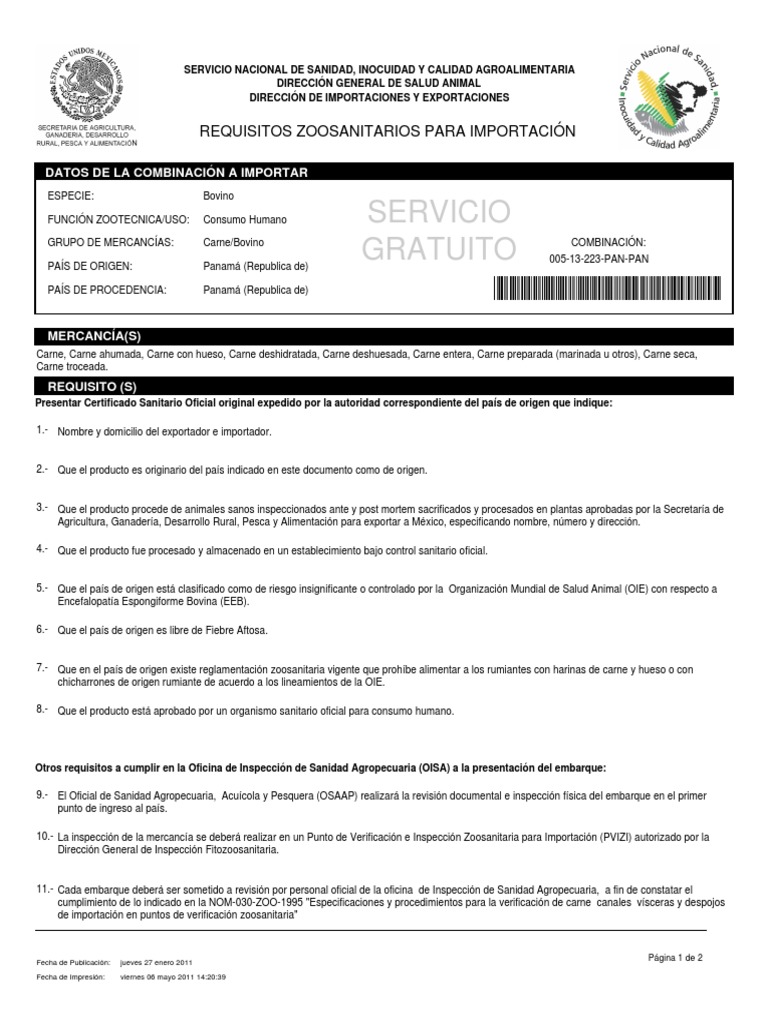 Requisitos zoosanitarios para la importación de carne bovina desde ...