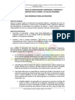 Líneas generales para las regiones sobre el encuentro nacional de comunidades campesinas, afrodescendientes e indigenas por la tierra y la paz en Colombia.