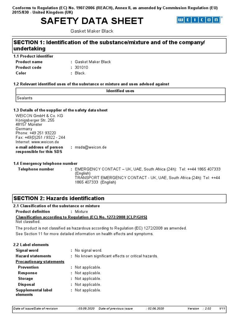 Gasket Maker Weicon PDF Firefighter Toxicity